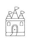 A castle with three towers. The towers each have a flag to the right wind. In the middle is a port with a road to it. On either side of the gate are windows.