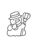 A snowman with a broom in his right hand and a hat on his head. He has a puntpeus and a tie.