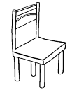A chair made of wood and with straight back. Created for a table. If a person would sit would look in a southeasterly direction.