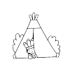 Easily drawn wigwam with shrubs. A boy with an Indian headdress on leaning on his arms. Only his head and arms stabbing out of the tent.