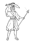 Ali Baba, with a spear in his right hand and a horn in his left. On his head he has a strange turban.