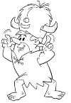 This is Barney the Flintstones he stands with his legs spread and his hands on his cheeks, he has a sort of bulls hat on his head