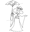 A Chinese woman with floral umbrella in her hands and a wide dress. She also has a hat.