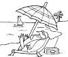 Penguin on the beach in a beach chair under a parasol with radio