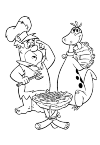 These are Fred Flinstone and Dino, Fred is on the barbecue but Dino has secretly the large piece of meat off and to keep it behind his back, he has now just bones laid out on the barbecue. Fred points to his head and looks surprised to barbecue. in his left hand he has a fork.