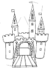 A castle with a drawbridge, which is extended. You look through the entrance, as it were in the castle. It has two small towers next to the entrance. And three towers that stand behind it. They have pointed ends and have a flag in their top ...