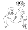 This is a player who makes a fuss. He kicks the ball in the air with his right foot toward an imaginary goal that stands behind him.