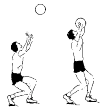 A volleyball player who is shown twice. Far left looks the player who stands by his knees bent and the ball, which he comes. His arms are stretched. The right is the same player a little time later. The ball is now in the hands of the player and try it with a bow for the attackers to play.