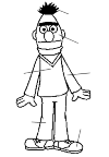 Bert with his arms along his body and his legs together. He has a turtleneck and then a sweater. His mouth is a long line, so he does not look so cheerful.