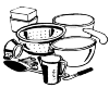 Kitchen items used in cooking: colander, measures, bowl, jug, saucepan.