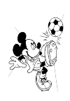Mickey Mouse is happy to play football. He leans on his left leg and he has his right leg in the air. With his right leg kicking the ball in the air. In order to maintain his balance Mickey Mouse has his arms spread in the air.