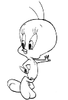 here Tweety with his left hand in it, and with his right hand, he points to the right. with his feet, he crossed.