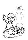 an angel kneeling at the manger of jesus.
The star shines