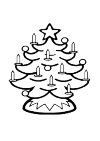 kertboom decorated with a star in the top and balls and candles in the tree.