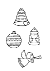 Christmas decorations: 4 drawings of a clock, a ball, angel and Santa Claus