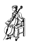 cellist. it sits on a chair, has a long dress and playing with the bow in her hand on the cello. The neck of the cello is above her shoulders.
