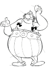 Obelix with his legs slightly spread and his hands up half. With his left hand he holds his cap down. His braids hanging down his face and he looks normal.