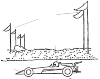 A driver in a fast car is a track test. He drives to the right. Behind them are flags.