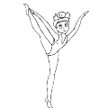Een ballerina, die met haar rechterarm haar rechtervoet, die hoog in de lucht gestrekt is aanraakt. Met haar andere been staat ze sierlijk en op de puntjes van haar tenen op de grond. Haar linkerarm steekt ze sierlijk de lucht in.