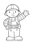 Bob the Builder, the main character from the same cartoon. He swings with his left arm. Does a helmet on his head and a belt, with some tools that hanging to his waist.