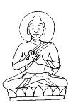 Buddha, seated in a sitting cross-legged, with the feet over each other