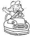 A botsauto that naar'voren drive. The girl has to get a cap and waving with her right, her left hand while the wheel is fixed.