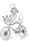 A sad clown who cries. He is on his saddle and his feet on the handlebars. On the left pedal is a bird, as on his right shoe. The bike is moving in a southwesterly direction. He sits with his feet on the handlebars.
