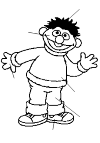 Ernie has a thick sweater with a col, a trousers and trainers. He looks happy and waving with his left hand.