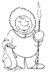 An Eskimo. With his left hand a spear. Right he is a penguin