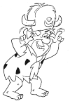 This is Fred Flinstone. He has a sort of bulls hat on his head, he sits with his fingers to his cheeks. he looks very pleased with his whole body to the right