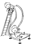 A slide. A child is almost starting from, the other is at the top of the stairs. Ready to go also.