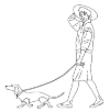 A lady that her dog on the line to the outlet. She runs to the west.
