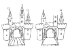 A castle with a drawbridge, which is extended. You look through the entrance, as it were in the castle. It has two small towers next to the entrance. And three towers that stand behind it. They have pointed ends and have a flag in their top ...