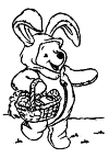 Winnie is dressed in a suit for a hare and he has a basket in his hand with all Easter eggs in it.