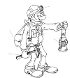 One miner, who in his stretched left arm holding a lamp. He has on his forehead a lamp, with an elastic band holding ito his hea. To his right is a cup holder in his right hand he holds an ax.