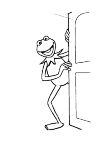 Muppet, known for the Muppet Show. He keeps the door to his left with both hands. His right leg is visible, his left leg is hidden behind the door. In the door but the other half is on.