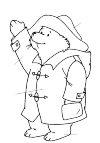 Paddington is a little twisted and he swings his right arm. His left arm has in his pocket. He has a coat and a hat. He looks normal, a little cheerful.