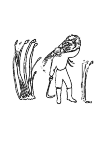 a reed cutter with the scythe in his right hand and a wood-cut cane on his left shoulder.
