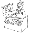 A butcher shop behind a state of some types of meat are, for the customer through a glass pane visible. Beside him is a strain which is worst, and the counter is a medium cut sausage.