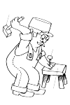 A carpenter who is ready to use his right hand with a hammer the nail in the stool store.