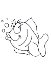 fish, he swims to the right and blows bubbles.